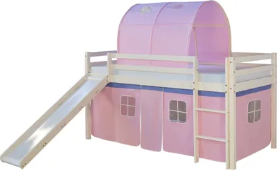 Image de Lits superposé avec Matelas 90x200 cm Toboggan Lit mezzanine en Bois Pin Massif Rideau Tunnel Rose Sommier à lattes