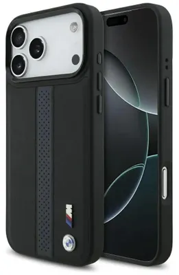 Image de Étui BMW MagSafe iPhone 17 Pro Max similicuir noir bleu logo métal
