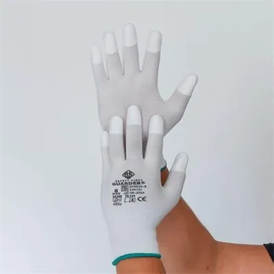 Produktbild von ESD-Montagehandschuhe, grau und weiß, gestrickt, XL, Carbon-Polyester, PolyurethanFinger, 12 Paar, SF0026-10