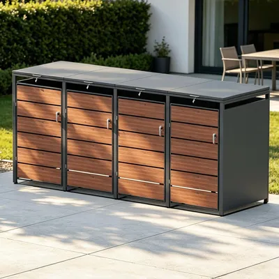 Image de Abri pour conteneurs de déchets, modèle D16GW4Z, conçu pour 4 conteneurs, avec deux serrures anti-vent et anti-vol, couleur anthracite