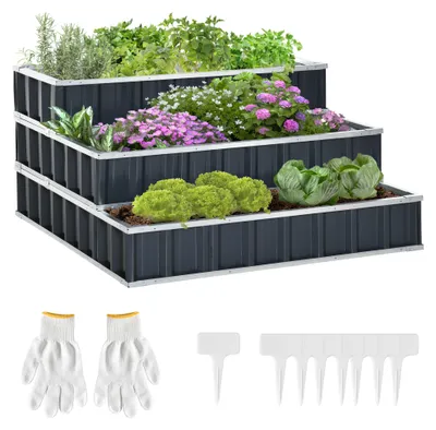 Produktbild von Hochbeet aus Stahl 3-stufige Gartenbeet mit T-Form-Pflanzenschilder Handschuhe Pflanzenbeet Kr?uterbeet Blumentreppe fš¹r Balkon Garten Dunkelgrau 118 x 118 x 62 cm
