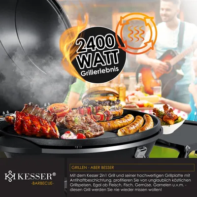 Produktbild von KESSER® elektrischer Elektrogrill 2in1 Tischgrill - Standgrill mit Deckel und Standfuß | max. 2400 Watt | Faltbar | Thermometer | Antihaftbeschichtung | Grillplatte Abstelltische | 2 Räder |