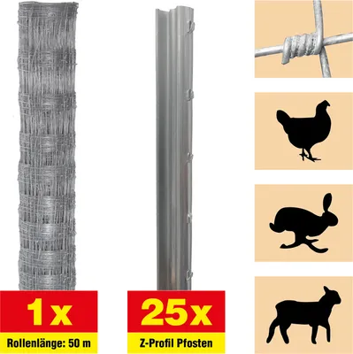 Produktbild von Weidezaun 50 m Set Taurus leicht - Höhe: 160 cm, inkl. 25 Z-Pfosten, Horizontaldrähte: 23