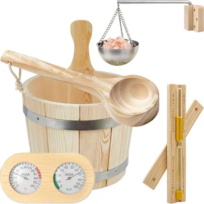 Produktbild von Saunakübel Set (5 Liter), Sauna Eimer mit Kelle, Saunakä Bel aus Holz mit Kelle Sanduhr, Thermo, Hygrometer, Hitzebeständiger (5L-Advanced)