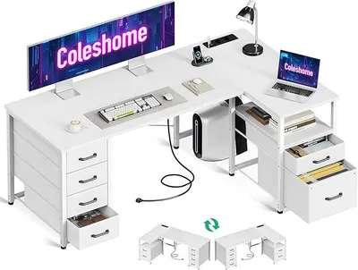 Zdjęcie produktu dla Biurko z szufladami obłożonymi tkaniną, 140x80 cm. Odwrócalne biurko w kształcie litery L z szufladą na dokumenty, biurko narożne z portem USB i gniazdkiem elektrycznym, biurka do biura domowego, kolor biały