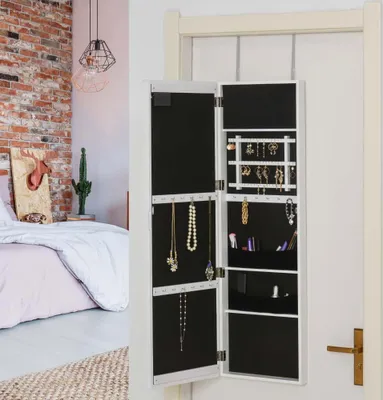 Productafbeelding van AIORBER LED sieradenkast, met spiegel, geschikt voor deur- en wandmontage, sieradenorganizer met 24 LED's, MDF-behuizing, voor slaapkamer, 36,6 x 8 x 120 cm, wit