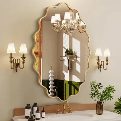 Image de Miroir mural ovale, forme ondulée, cadre en aluminium brossé, verre de sécurité trempé, finition dorée, dimensions 90x60 cm