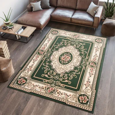 A living room scene with a sectional sofa, coffee table, and a rug.