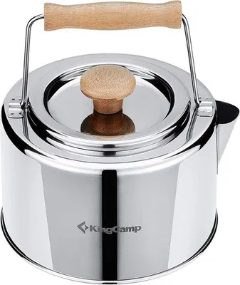 Produktbild von Unyqoos® Camping-Wasserkocher 1,2 L – pfeifender Edelstahl-Teekessel mit Bambusgriff und Deckel, klappbar, leicht 0,3 kg, 14,5×11,5 cm (14,5×16,5 cm), für Camping & Outdoor