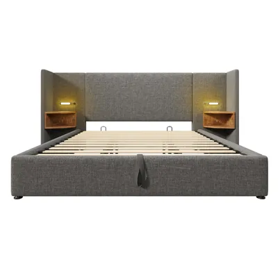 Produktbild von Flieks Hydraulisches Polsterbett 180x200cm mit Nachttisch und Ladefunktion, Doppelbett Stauraumbett Boxspringbett mit Leselampe, Leinen, Grau
