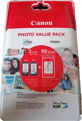 A product package for Canon photo value pack, showing ink cartridges and photo paper.