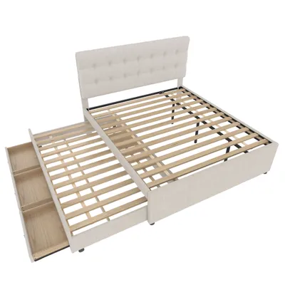 Immagine prodotto di okwish Letto imbottito 140x200 cm senza materasso, Letto matrimoniale con 3 cassetti e letto aggiuntivo estraibile, Letto per bambini con testiera regolabile, beige