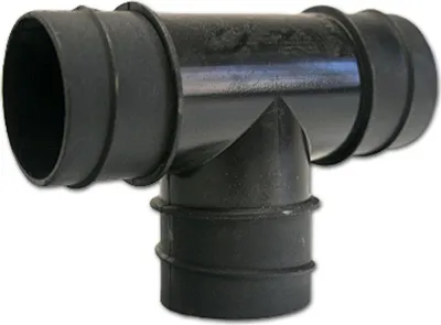 A black plastic T-junction fitting for a hose.