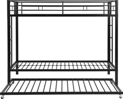 Produktbild von Merax Etagenbett 90x200cm mit Ausziehbett und Leiter, Hochbett mit Rausfallschutz, Metallbett mit Lattenrost, Kinderbett Jugendbett Gästebett, Schwarz