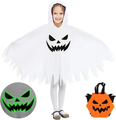 Produktbild von Kinder Geister Kostüm für Halloween mit Umhang, Gespenst Mantel und Kürbistasche
