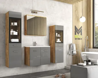 Produktbild von MINIO Badmöbel-Set "MARIT II" Badezimmermöbel mit Waschbecken, ohne LED-Beleuchtung – Kastanien Breslau / Grau Hochglanz
