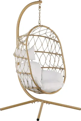 Produktbild von BELIANI Hängesessel Beige Flechtseil mit Gestell aus Stahl inkl. Kissen Weiß Boho Stil Outdoor Indoor Garten Terrasse Balkon Außenbereich