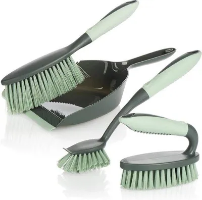 Imagen del producto de Kit de limpieza de 4 piezas: cepillo manual, aspiradora de mano, cepillo manual y cepillo para fregasuelos. El kit de limpieza perfecto para principiantes (gris y verde claro)