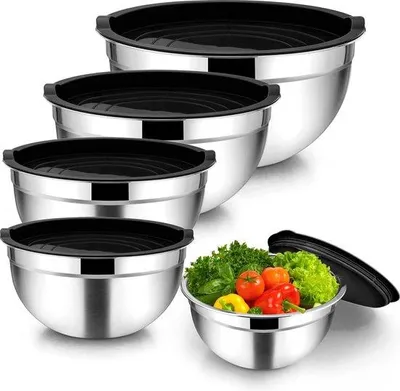 Immagine prodotto di set di 5 ciotole in acciaio inox nero con coperchi - lavabili in lavastoviglie - 45 litri / 27 litri / 15 litri / 12 litri / 07 litri