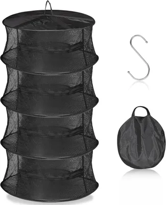 A black, multi-tiered drying rack for herbs, along with an S-hook and a folded carrying bag, displayed against a white background.