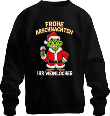 Produktbild von Frohe Arschnachten Weihnachtsgrinch Weinhumor Geschenk Weinparty Uni Sweatshirt Pullover, Schwarz, S