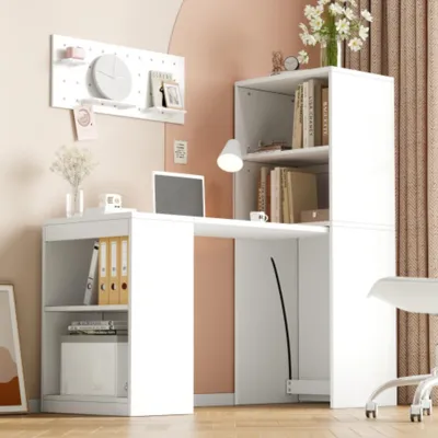Obrázek produktu pro Psací stůl, multifunkční skládací stůl a skříň v jednom designu, čtyři úložné přihrádky pro lepší organizaci, 130 x 51 x 137 cm