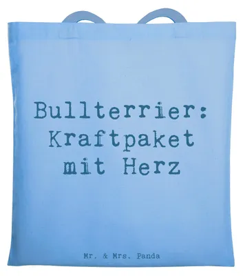 Produktbild von Mr. & Mrs. Panda Schultasche Spruch Bullterrier Kraftpaket - Sky Blue - Geschenk, Herz, Hundeliebhaber, Tote Bag, Laptoptasche, Tasche, Shopping, Hunderasse, Beutel