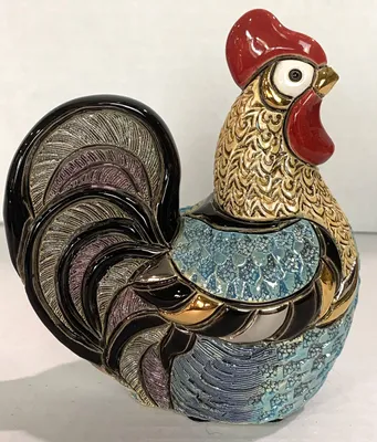 Keramik-Hahn-Figur, handbemalt, 10x12x7 cm, mit Gold- und Platinakzenten