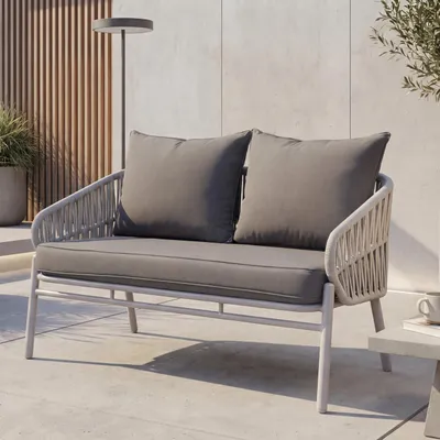 Zdjęcie produktu dla Ławka ogrodowa aluminiowa HWC-P90, sofa ogrodowa, ławka ogrodowa, plecionka linowa, tkanina/materiał (180 g/m²) ~ jasnoszary