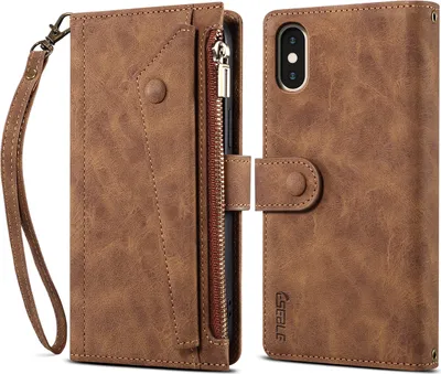 Produktbild von Schutzhülle für iPhone X / iPhone XS Reißverschluss Hülle, Leder Klapphülle Kartenfach Standfunktion Brieftasche mit Trageband Braun