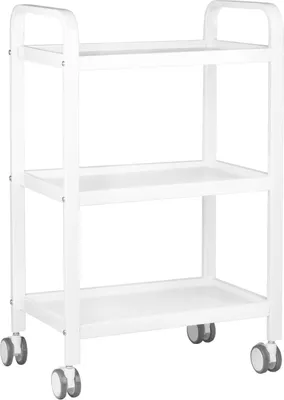 A white three-tiered rolling cart with wheels, shown against a white background.