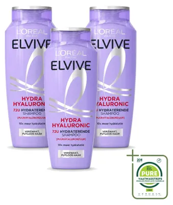 Imagen del producto de 3 unidades de champú L'Oréal Paris Elvive Hydra Hyaluronic, 250 ml cada uno. Pack grande