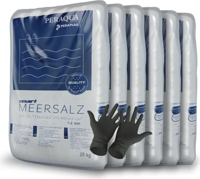 Produktbild von Peraplas Poolsalz 150 kg, Schwimmbadsalz, Chlorinator geeignet, Salzelektrolyse, Siedesalz inklusiv 1 Paar ARNOMED Einweghandschuh