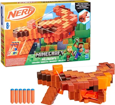 The image shows the packaging of a Nerf Minecraft Pillagers Armbrust toy, with the toy itself also visible below the box.