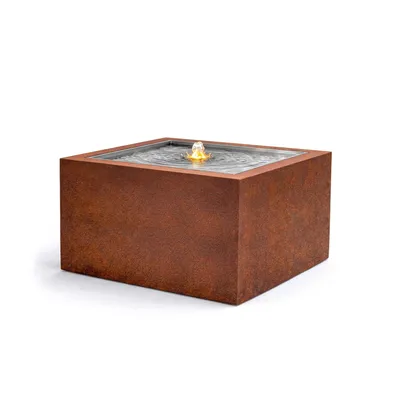 Produktbild von KÖHKO® Gartenbrunnen QUADRUM aus Cortenstahl mit LED – Modernes Wasserspiel für Garten & Terrasse, Zierbrunnen mit Pumpe, 50×50×30 cm, Modell 34001-50