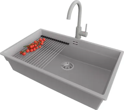Produktbild von PRIMAGRAN Granitspüle Grau 76x47cm, Spülbecken 1 Becken + Küchenarmatur 32x20cm + Ablauf-Set + Küchenzubehörset, Küchenspüle ab 80er Unterschrank - Praga Slim
