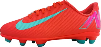 A side view of a single red Nike Mercurial Vapor 16 Club MG soccer cleat for children.