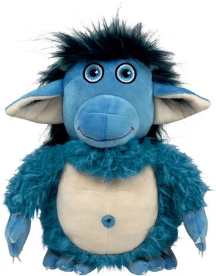 A blue plush toy troll with black shaggy hair and a tan belly.