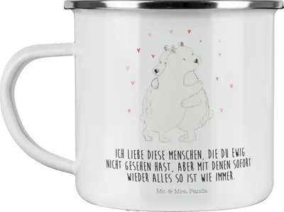 Produktbild von Mr. & Mrs. Panda Teetasse Eisbär Umarmen - Weiß - Geschenk, Emaille Becher, blechbecher, Tasse, Teebecher, Pott, Lustige Sprüche
