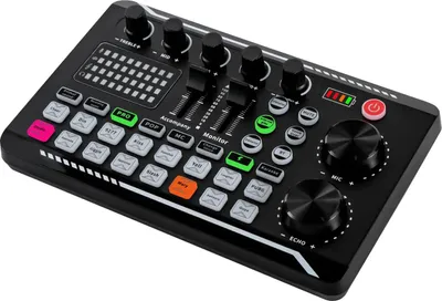 Obrázek produktu pro Zvuková karta a mixážní pult – F998 – Bluetooth – 12 zvukových efektů – 4 hlasové efekty – nastavitelné výšky/středy/basy – LED osvětlení – černá barva