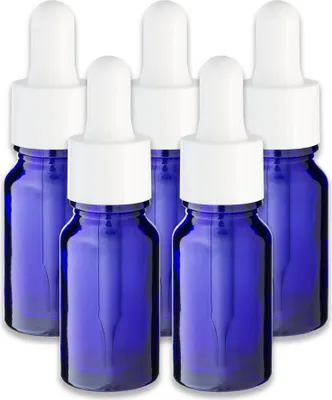 Produktbild von 5x Blaue Glasflasche 10 ml mit weißer Pipette Glasfläschchen 18 mm Set