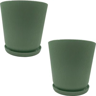 Obrázok produktu pre Relaxdays Kvetináč, sada 2 ks, kvetináč s podšálkou, drážkovaný, V x Š: 20 x 20 cm, kvetináč na bylinky, plast, šalvia