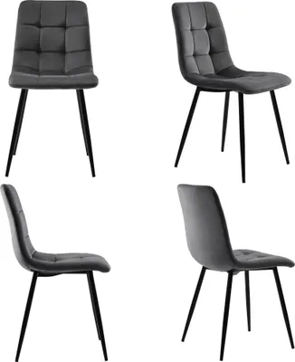 Four different views of a gray upholstered chair with black metal legs, presented on a white background.