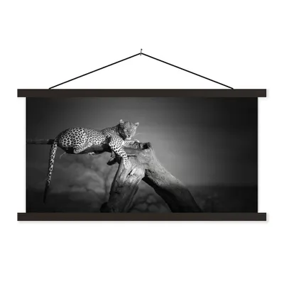 Produktbild von MuchoWow® Textilposter Panther - Baum - Tiere - Schwarz - Weiß 150x75 cm mit schwarzem Rahmen - Posterleiste