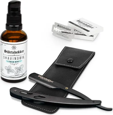 Produktbild von Störtebekker Konturen Set - Rasiermesser Edelstahl Schwarz – mit handgefertigtem Lederetui Schwarz - Rasierset / Bartpflege Set Herren, Geschenkidee