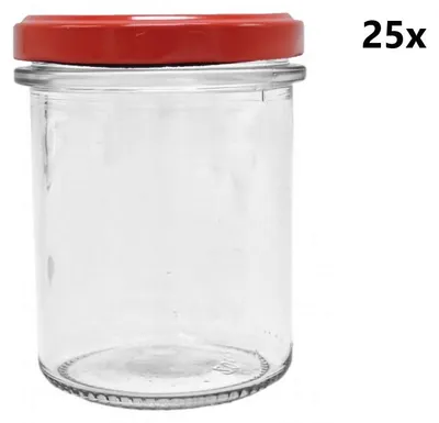 A clear glass jar with a red lid, presented on a white background.