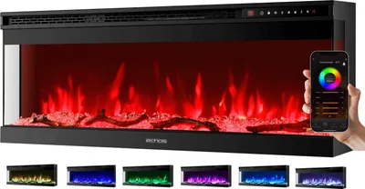 A collage of an electric fireplace with various flame color options displayed.