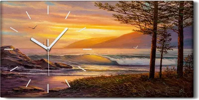Produktbild von Wandbild Leinwand Bilder mit Uhr 60x30 Küste Bäume Meer Wellen Sonnenuntergang - weiße Hände