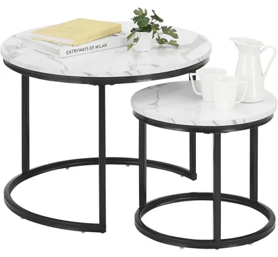 Zdjęcie produktu dla Zestaw dwóch okrągłych stolików kawowych z imitacją marmuru, biały i czarny, metalowa konstrukcja. Wymiary: 70x70x45 cm i 50x50x35 cm