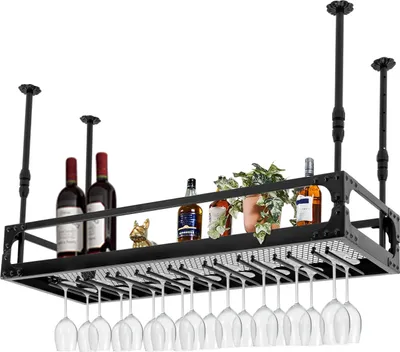 Produktbild von 100cm Deckenweinregal 35-55cm höhenverstellbar Metall Weinständer Gläserregal einschicht industrieller Stil (schwarz)